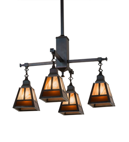 Meyda Lighting "T Mission" 26" 4-Light Chemical Antique Brass Chandelier With Amber & Beige Shade Glass