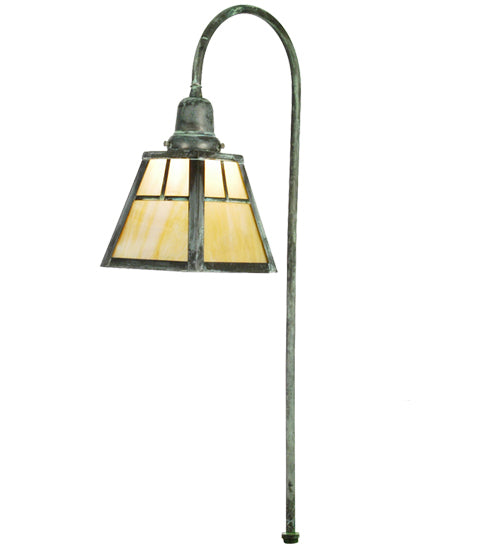 Meyda Lighting "T Mission" 27" Verdigris Shepherd's Hook Outdoor Landscape Fixture With Beige Iridescent Shade Glass