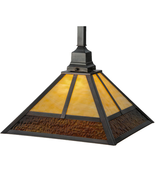 Meyda Lighting "T" Mission 29" Craftsman Brown Pendant Light With Beige and Brown Shade Glass
