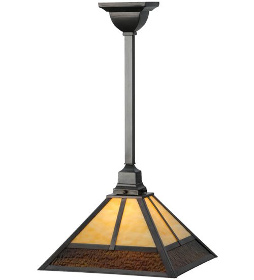 Meyda Lighting "T" Mission 29" Craftsman Brown Pendant Light With Beige and Brown Shade Glass