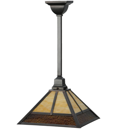 Meyda Lighting "T" Mission 29" Craftsman Brown Pendant Light With Beige and Brown Shade Glass