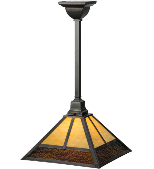Meyda Lighting "T" Mission 29" Craftsman Brown Pendant Light With Beige and Brown Shade Glass