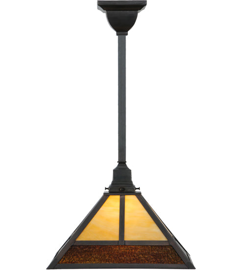 Meyda Lighting "T" Mission 29" Craftsman Brown Pendant Light With Beige and Brown Shade Glass