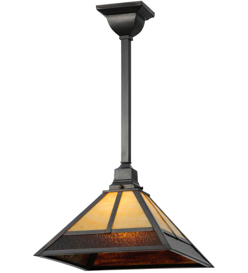 Meyda Lighting "T" Mission 29" Craftsman Brown Pendant Light With Beige and Brown Shade Glass