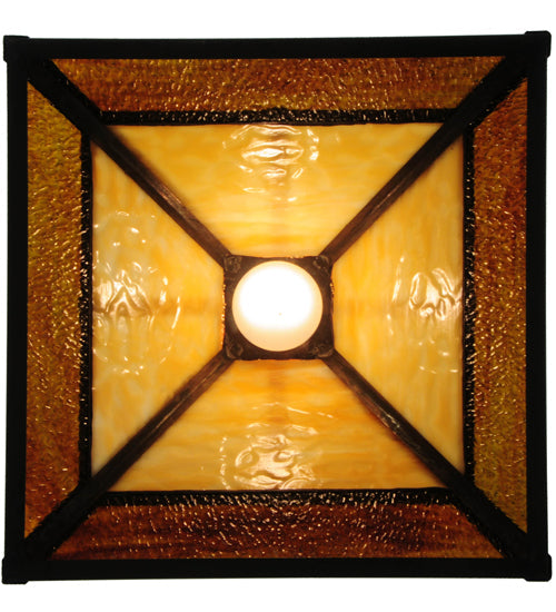 Meyda Lighting "T" Mission 29" Craftsman Brown Pendant Light With Beige and Brown Shade Glass