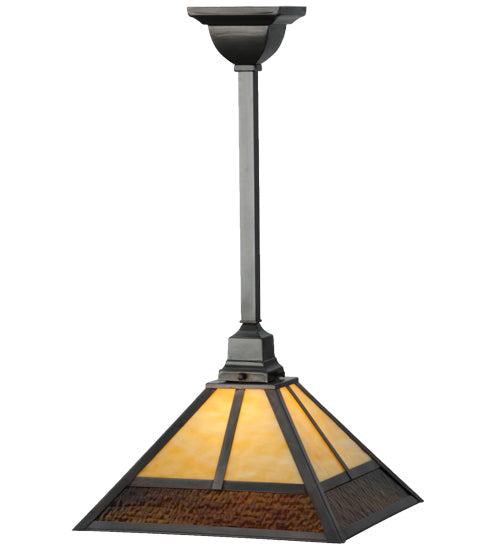 Meyda Lighting "T" Mission 29" Craftsman Brown Pendant Light With Beige and Brown Shade Glass