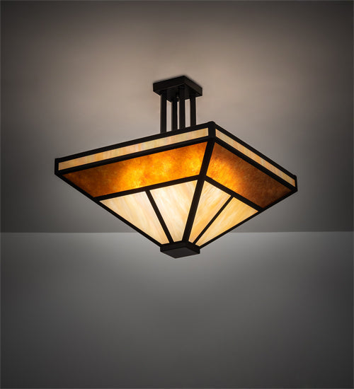Meyda Lighting "T" Mission" 34" 8-Light Flat Black Semi-flush Mount Light With Beige Iridescent & Amber Mica Shade Glass