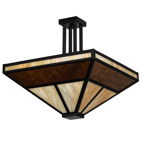 Meyda Lighting "T" Mission" 34" 8-Light Flat Black Semi-flush Mount Light With Beige Iridescent & Amber Mica Shade Glass