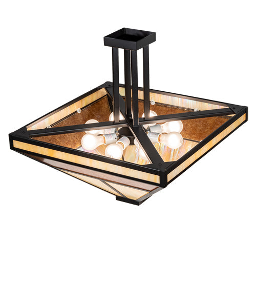 Meyda Lighting "T" Mission" 34" 8-Light Flat Black Semi-flush Mount Light With Beige Iridescent & Amber Mica Shade Glass