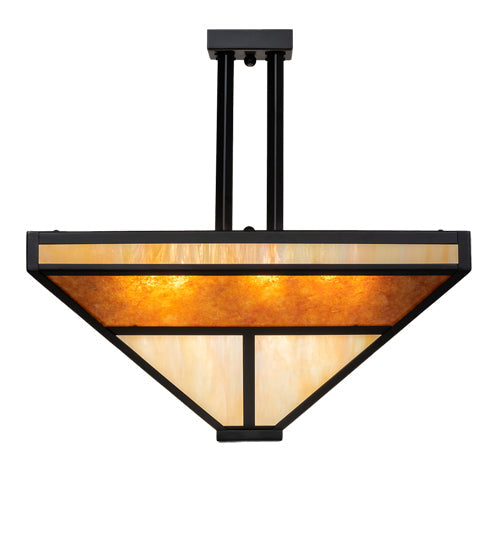 Meyda Lighting "T" Mission" 34" 8-Light Flat Black Semi-flush Mount Light With Beige Iridescent & Amber Mica Shade Glass