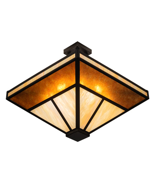 Meyda Lighting "T" Mission" 34" 8-Light Flat Black Semi-flush Mount Light With Beige Iridescent & Amber Mica Shade Glass