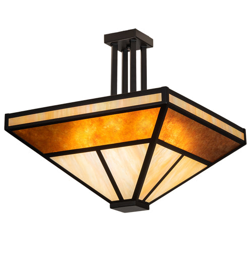 Meyda Lighting "T" Mission" 34" 8-Light Flat Black Semi-flush Mount Light With Beige Iridescent & Amber Mica Shade Glass
