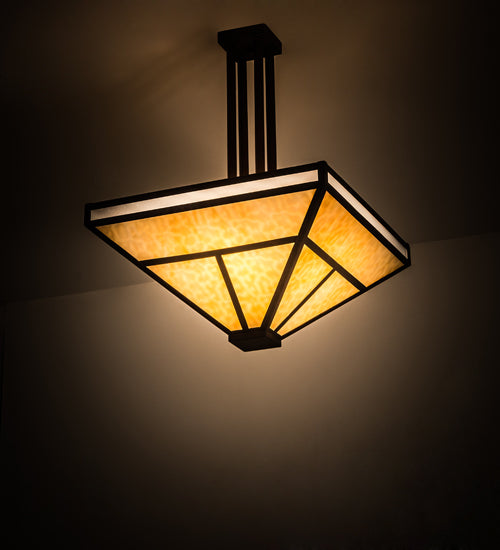 Meyda Lighting T Mission 34" 8-Light Rust Nail Semi-flush Mount Light With Beige & Frosted Seeded Shade Glass