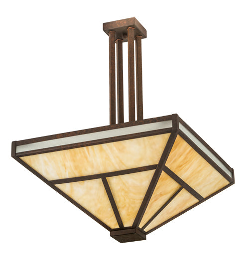 Meyda Lighting T Mission 34" 8-Light Rust Nail Semi-flush Mount Light With Beige & Frosted Seeded Shade Glass