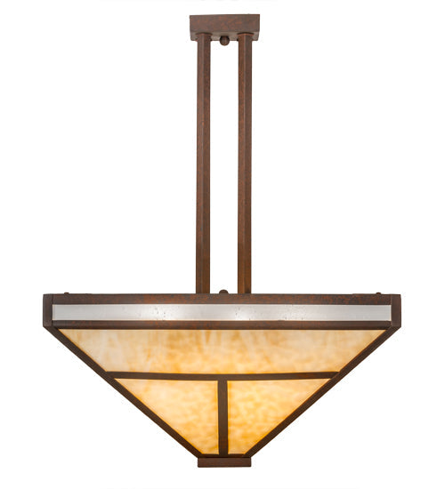 Meyda Lighting T Mission 34" 8-Light Rust Nail Semi-flush Mount Light With Beige & Frosted Seeded Shade Glass