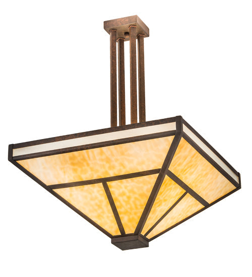 Meyda Lighting T Mission 34" 8-Light Rust Nail Semi-flush Mount Light With Beige & Frosted Seeded Shade Glass