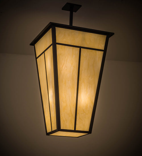 Meyda Lighting T Mission 35" 6-Light Timeless Bronze Pendant Light With Beige Botticino Idalight Shade Glass