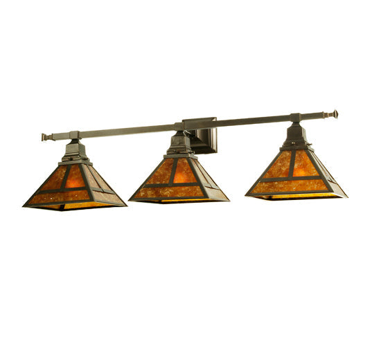 Meyda Lighting "T" Mission 36" 3-Light Craftsman Brown Vanity Light With Amber Mica Shade Glass