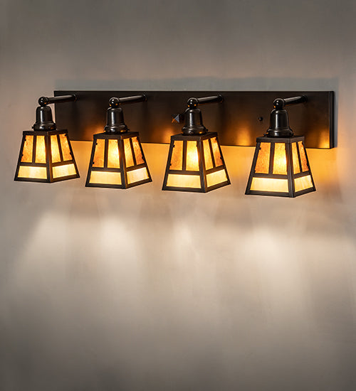 Meyda Lighting "T" Mission 36" 4-Light Craftsman Brown Vanity Light With Amber Mica & Beige Art Shade Glass