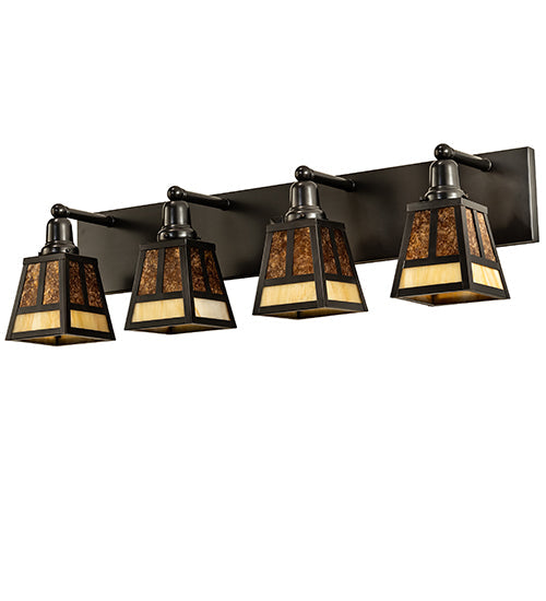 Meyda Lighting "T" Mission 36" 4-Light Craftsman Brown Vanity Light With Amber Mica & Beige Art Shade Glass