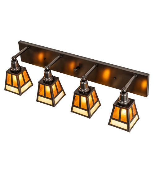 Meyda Lighting "T" Mission 36" 4-Light Craftsman Brown Vanity Light With Amber Mica & Beige Art Shade Glass