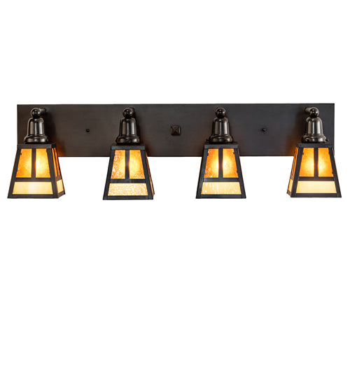 Meyda Lighting "T" Mission 36" 4-Light Craftsman Brown Vanity Light With Amber Mica & Beige Art Shade Glass