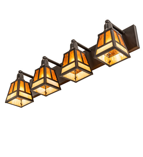 Meyda Lighting "T" Mission 36" 4-Light Craftsman Brown Vanity Light With Amber Mica & Beige Art Shade Glass