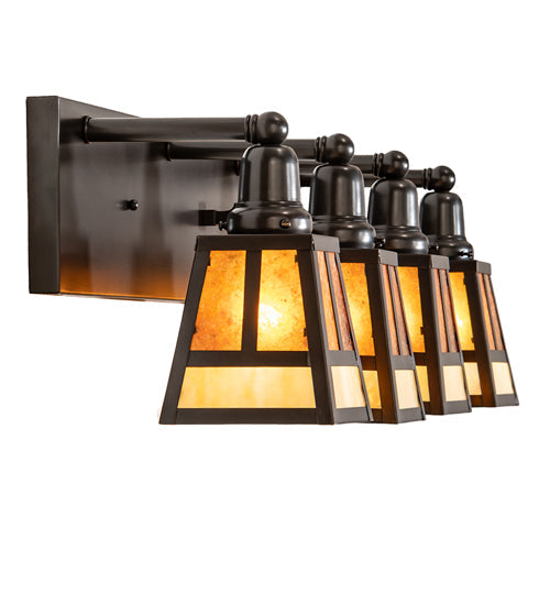 Meyda Lighting "T" Mission 36" 4-Light Craftsman Brown Vanity Light With Amber Mica & Beige Art Shade Glass
