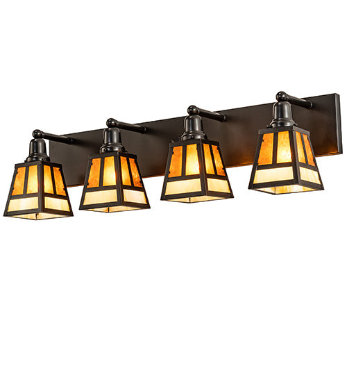 Meyda Lighting "T" Mission 36" 4-Light Craftsman Brown Vanity Light With Amber Mica & Beige Art Shade Glass