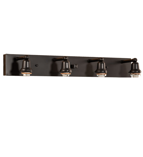 Meyda Lighting "T" Mission" 36" 4-Light Craftsman Brown Vanity Light With Blue & Clear Seeded Shade Glass