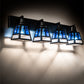 Meyda Lighting "T" Mission" 36" 4-Light Craftsman Brown Vanity Light With Blue & Clear Seeded Shade Glass