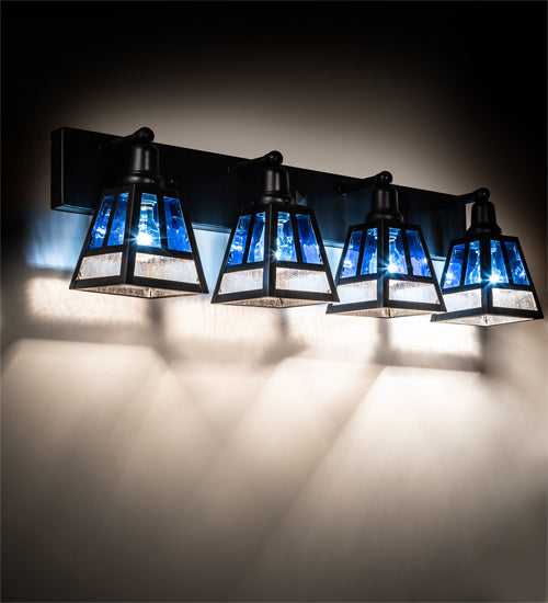 Meyda Lighting "T" Mission" 36" 4-Light Craftsman Brown Vanity Light With Blue & Clear Seeded Shade Glass