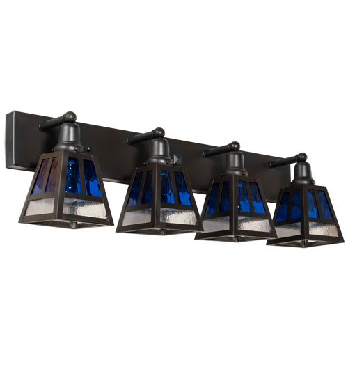 Meyda Lighting "T" Mission" 36" 4-Light Craftsman Brown Vanity Light With Blue & Clear Seeded Shade Glass