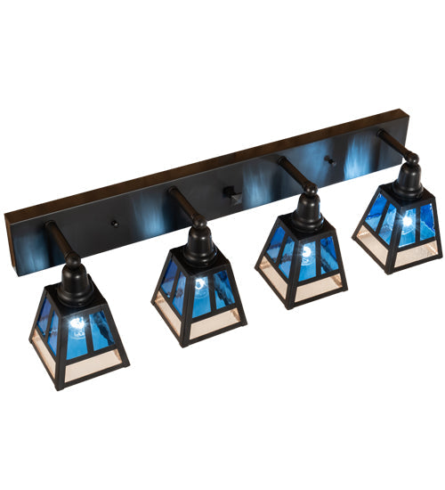 Meyda Lighting "T" Mission" 36" 4-Light Craftsman Brown Vanity Light With Blue & Clear Seeded Shade Glass