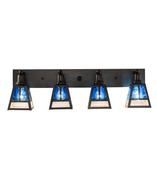 Meyda Lighting "T" Mission" 36" 4-Light Craftsman Brown Vanity Light With Blue & Clear Seeded Shade Glass