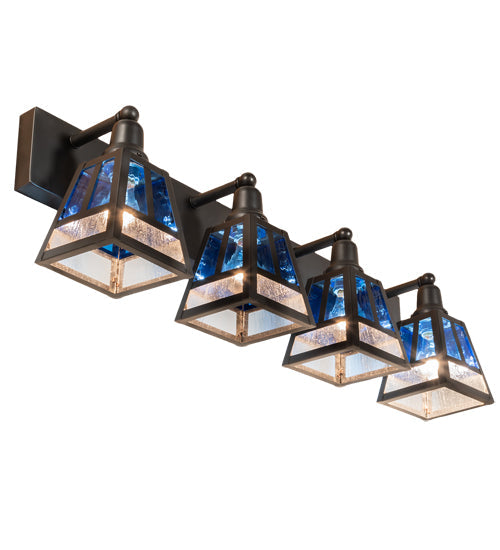 Meyda Lighting "T" Mission" 36" 4-Light Craftsman Brown Vanity Light With Blue & Clear Seeded Shade Glass