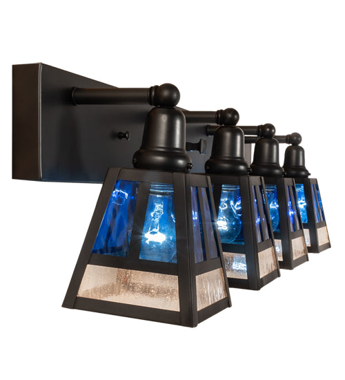 Meyda Lighting "T" Mission" 36" 4-Light Craftsman Brown Vanity Light With Blue & Clear Seeded Shade Glass