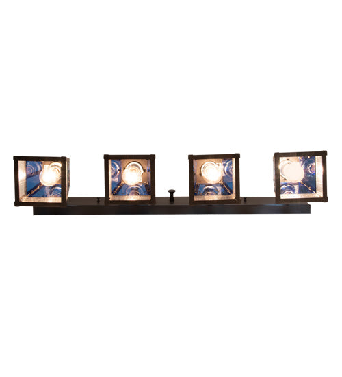 Meyda Lighting "T" Mission" 36" 4-Light Craftsman Brown Vanity Light With Blue & Clear Seeded Shade Glass