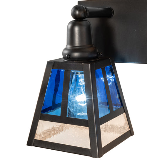 Meyda Lighting "T" Mission" 36" 4-Light Craftsman Brown Vanity Light With Blue & Clear Seeded Shade Glass