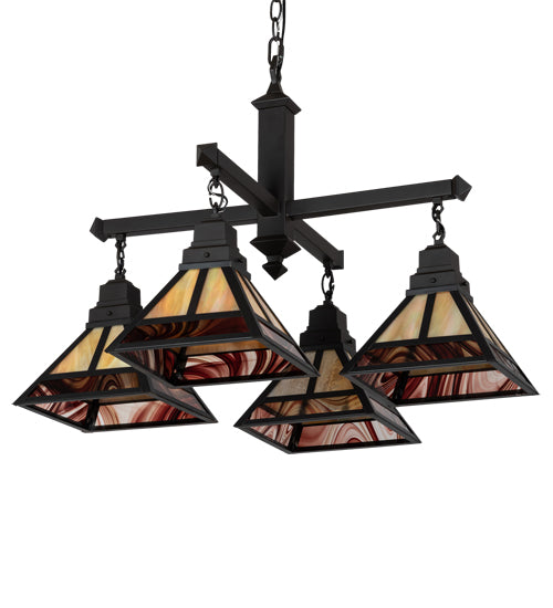 Meyda Lighting "T" Mission 42" 4-Light Craftsman Brown & Oil Rubbed Bronze Chandelier With Beige Iridescent & Burgundy Baroque Shade Glass