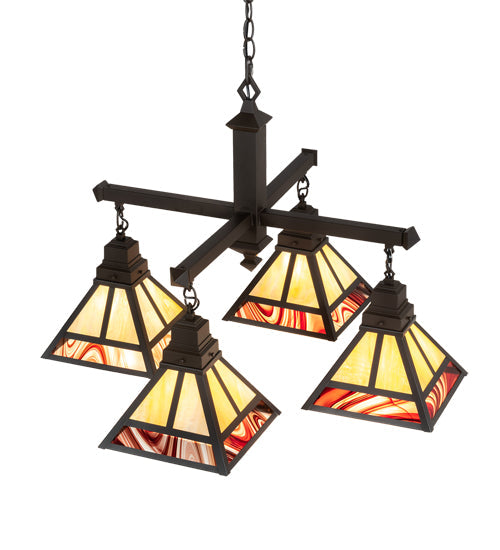 Meyda Lighting "T" Mission 42" 4-Light Craftsman Brown & Oil Rubbed Bronze Chandelier With Beige Iridescent & Burgundy Baroque Shade Glass
