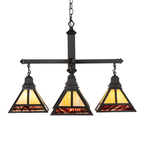 Meyda Lighting "T" Mission 42" 4-Light Craftsman Brown & Oil Rubbed Bronze Chandelier With Beige Iridescent & Burgundy Baroque Shade Glass