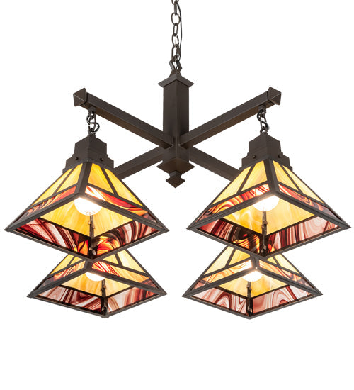 Meyda Lighting "T" Mission 42" 4-Light Craftsman Brown & Oil Rubbed Bronze Chandelier With Beige Iridescent & Burgundy Baroque Shade Glass