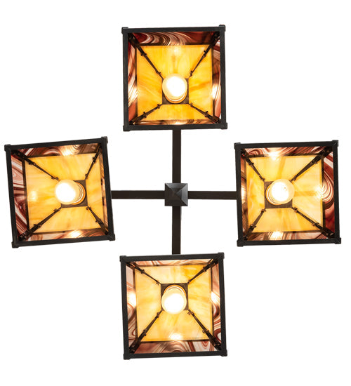 Meyda Lighting "T" Mission 42" 4-Light Craftsman Brown & Oil Rubbed Bronze Chandelier With Beige Iridescent & Burgundy Baroque Shade Glass