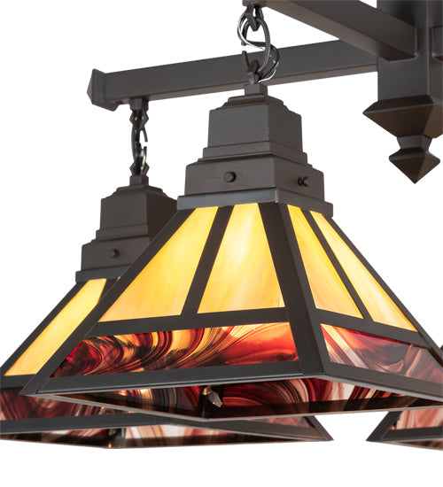 Meyda Lighting "T" Mission 42" 4-Light Craftsman Brown & Oil Rubbed Bronze Chandelier With Beige Iridescent & Burgundy Baroque Shade Glass