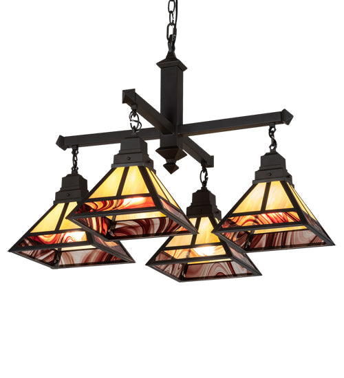 Meyda Lighting "T" Mission 42" 4-Light Craftsman Brown & Oil Rubbed Bronze Chandelier With Beige Iridescent & Burgundy Baroque Shade Glass