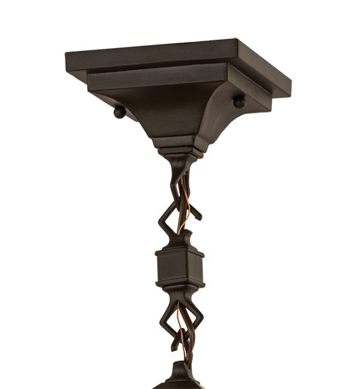 Meyda Lighting "T Mission" 43" 4-Light Craftsman Brown Chandelier With Beige Iridescent & Burgundy Swirl Shade Glass