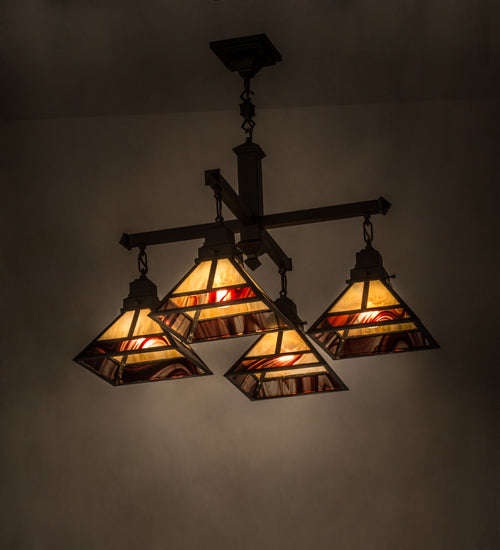 Meyda Lighting "T Mission" 43" 4-Light Craftsman Brown Chandelier With Beige Iridescent & Burgundy Swirl Shade Glass
