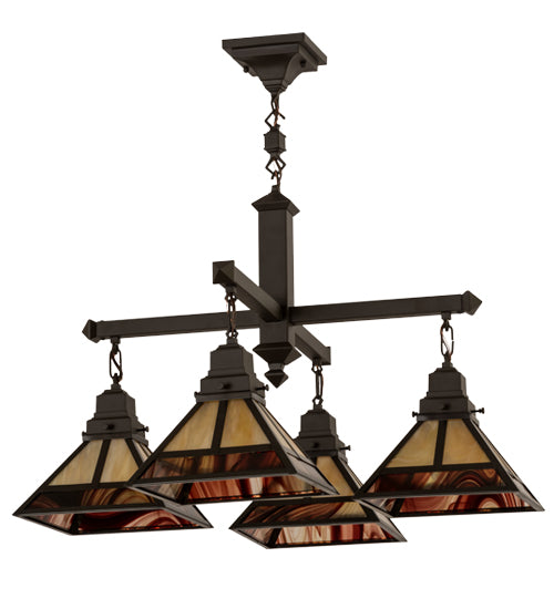 Meyda Lighting "T Mission" 43" 4-Light Craftsman Brown Chandelier With Beige Iridescent & Burgundy Swirl Shade Glass
