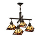 Meyda Lighting "T Mission" 43" 4-Light Craftsman Brown Chandelier With Beige Iridescent & Burgundy Swirl Shade Glass
